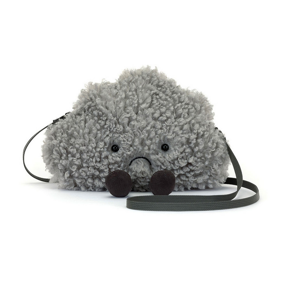 Gray plush storm cloud bag with a face on a white background
