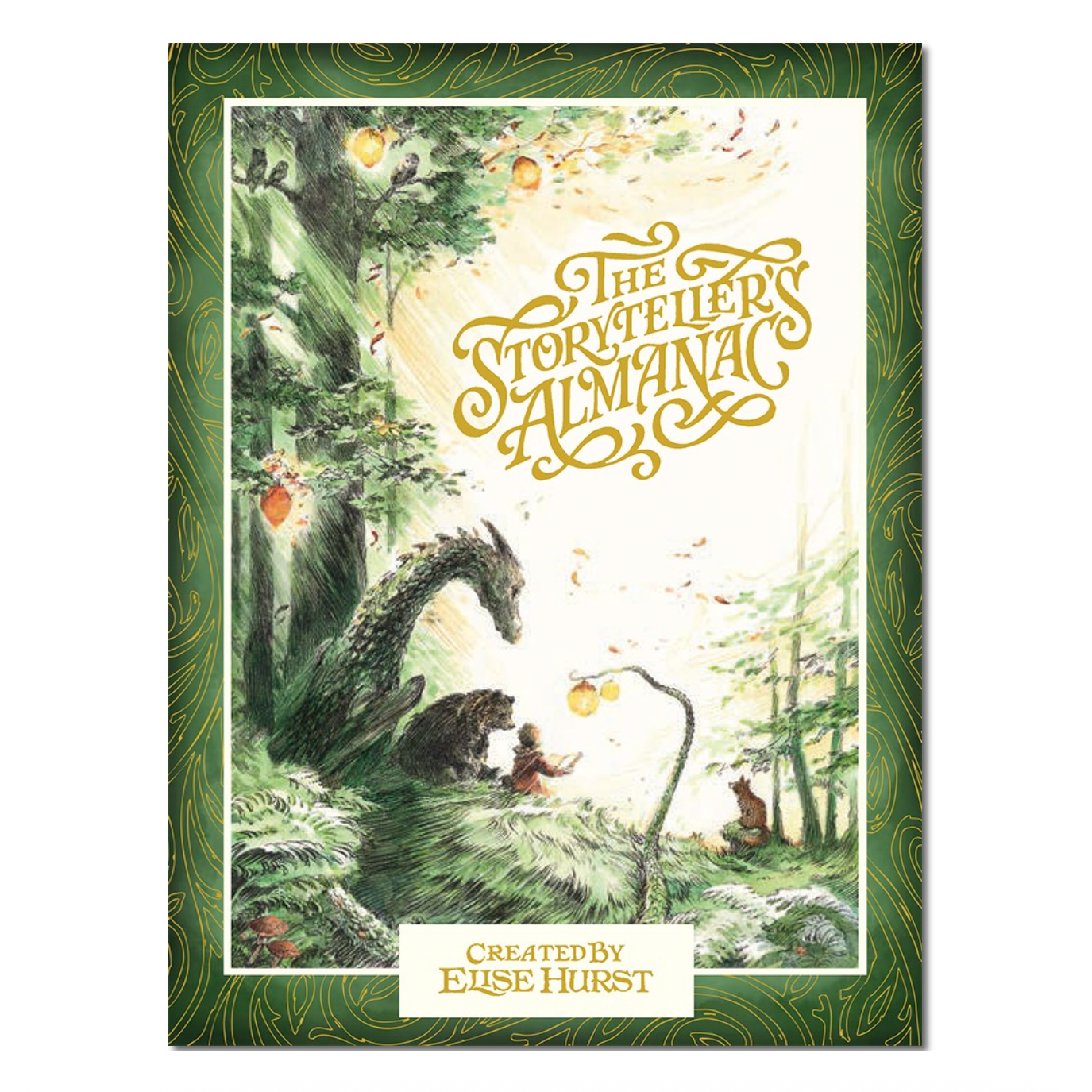Book cover of 'The Story of Elves Almanac' with a green border and forest scene.