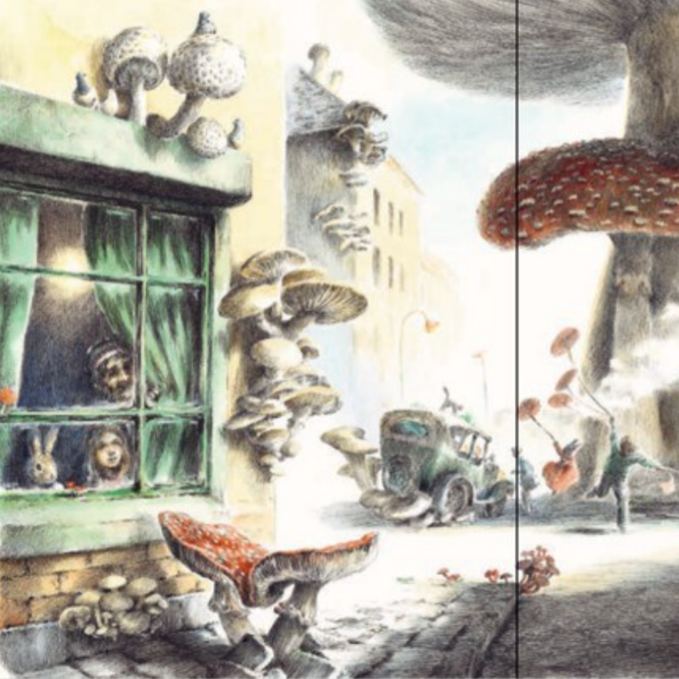 Illustration of a surreal street scene with oversized mushrooms and animals.