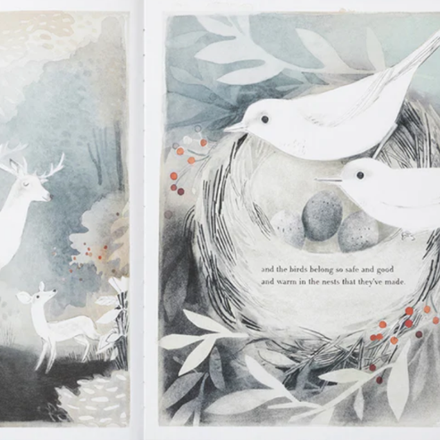 Open book with illustrations of a deer, birds, and a nest on a white background