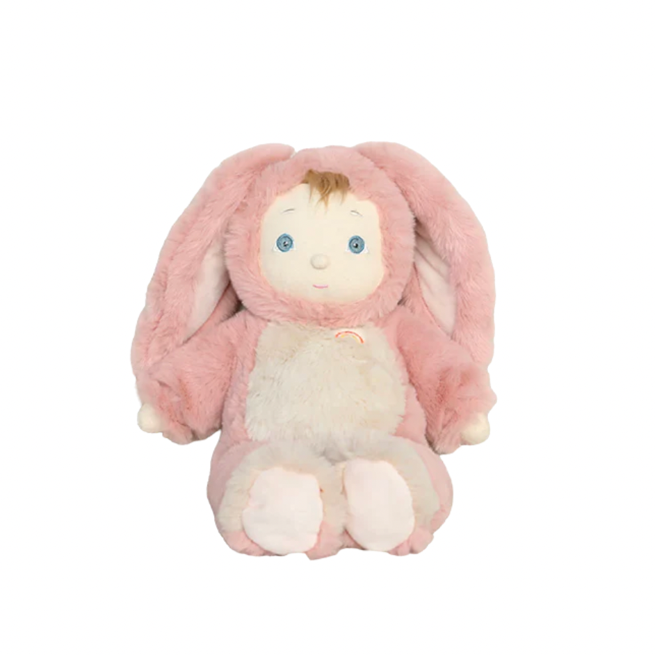 Pink plush toy with a white body on a white background