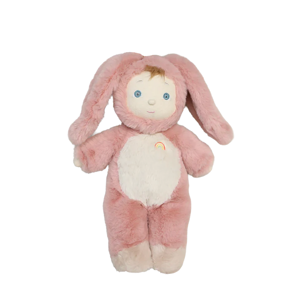 Pink plush toy with bunny ears on a white background