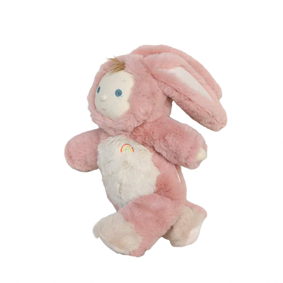 Pink plush bunny toy on a white background