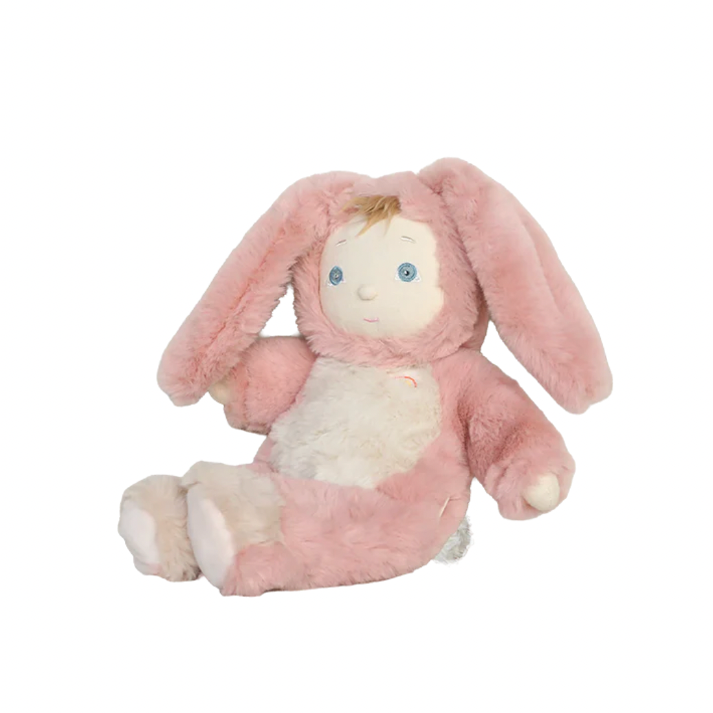 Pink plush toy with bunny ears on a white background