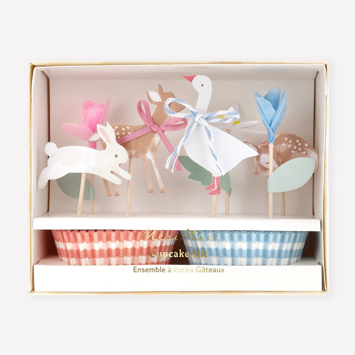 Cupcake kit with animal-shaped toppers in a box on a white background