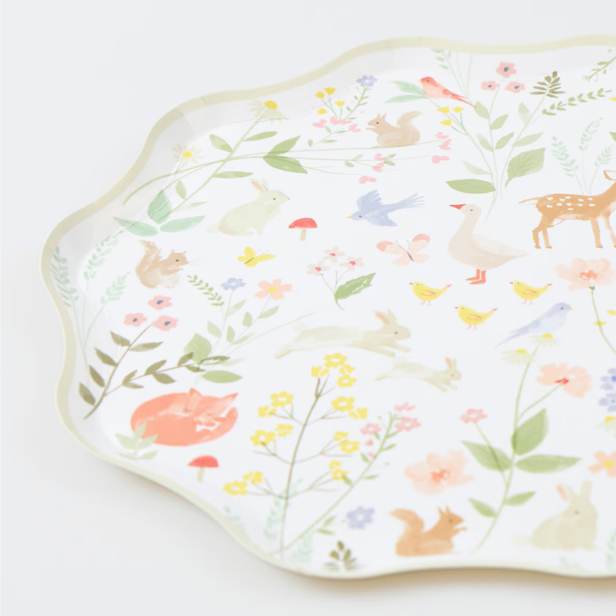 Decorative plate with nature-themed design featuring animals and plants on a white background
