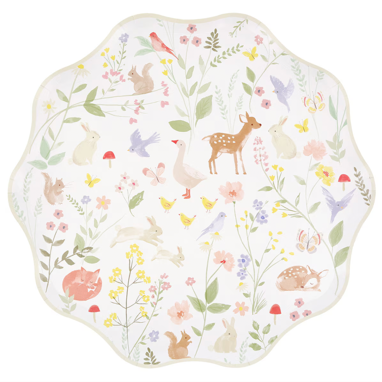 Decorative plate with nature-themed illustrations of animals and plants on a white background