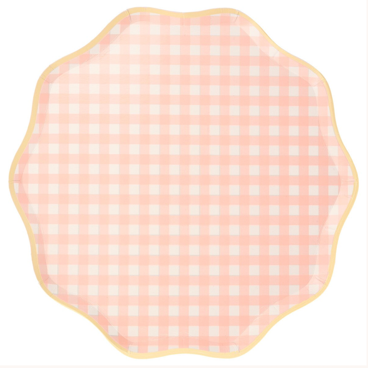 Pink checkered placemat with scalloped edge on a white background