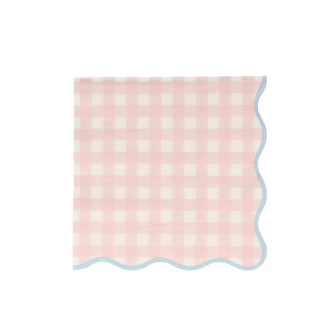 Pink and white checkered napkin with scalloped edge on a white background