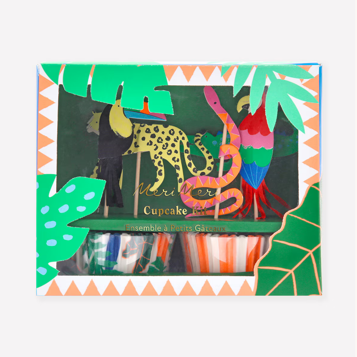 Jungle-themed cupcake kit packaging with colorful animals and leaves on a white background