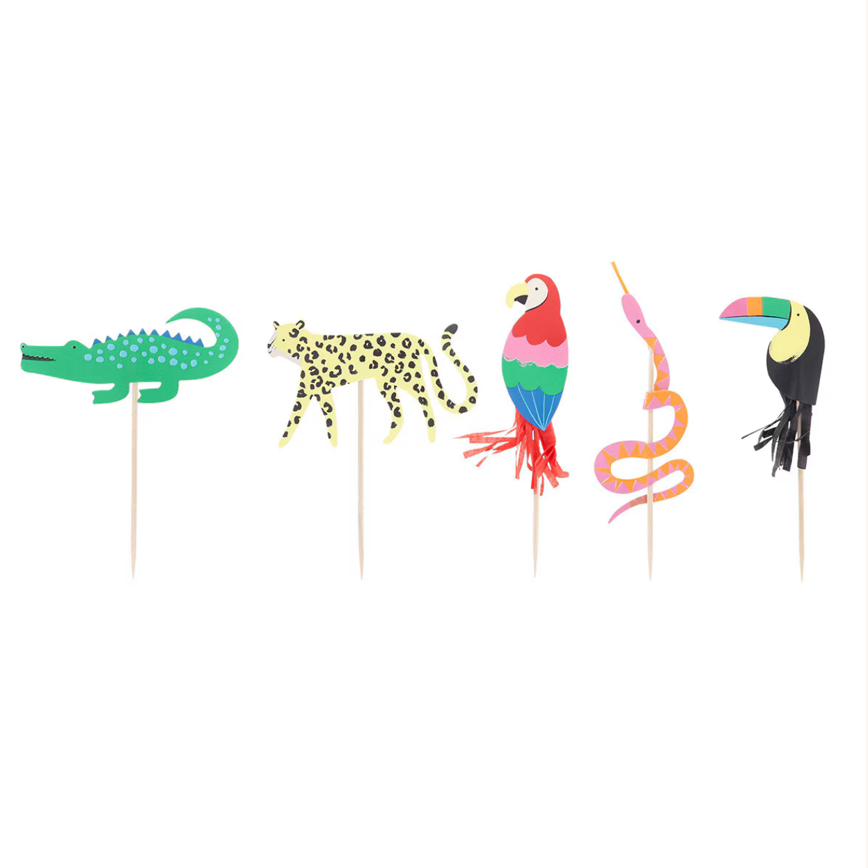 Set of colorful animal-themed cupcake toppers on sticks against a white background