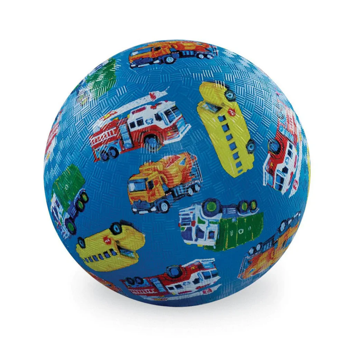 Blue ball with colorful fire truck, police car, and ambulance designs on a white background