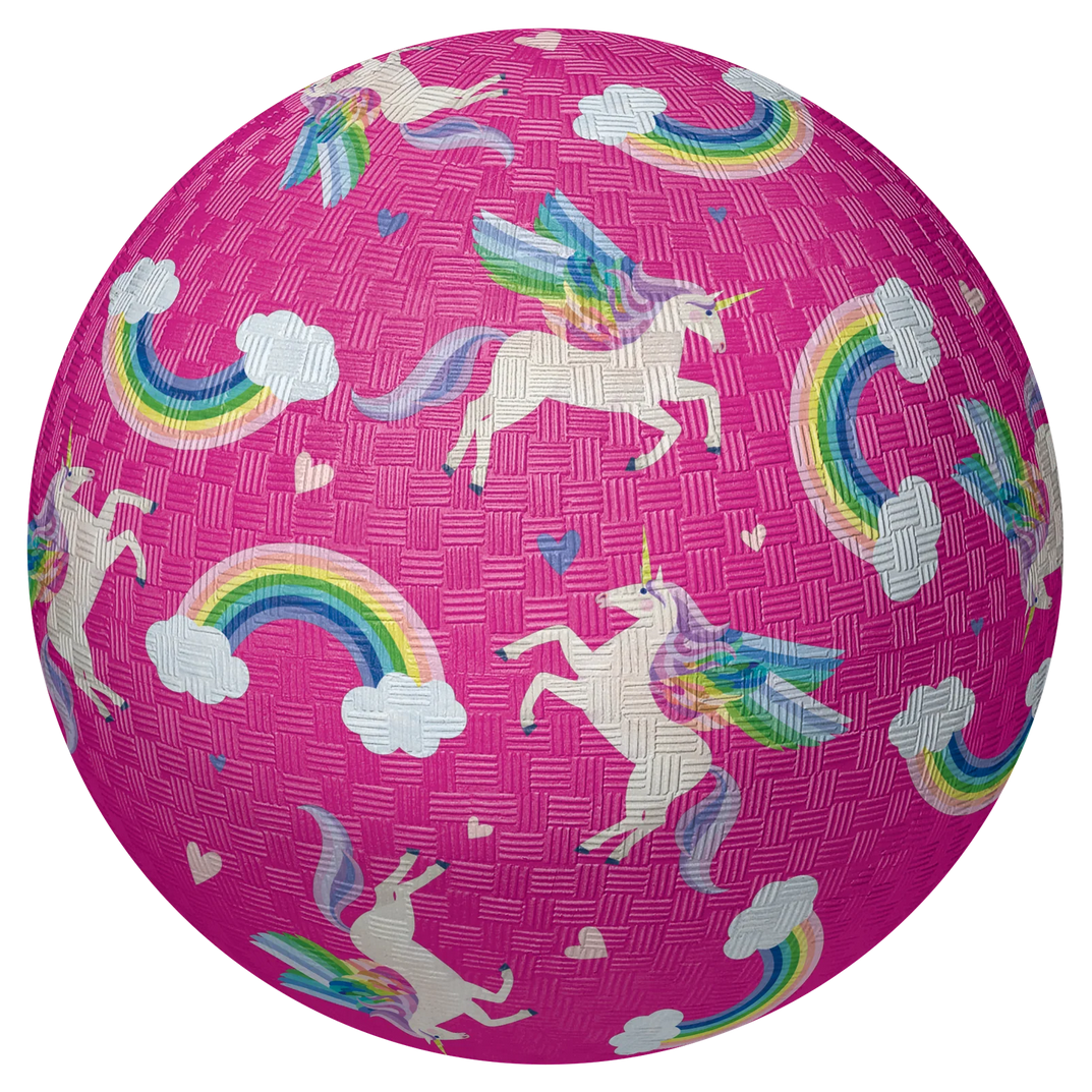 Pink ball with unicorn and rainbow pattern on a white background