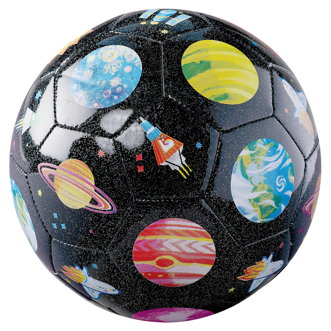 Soccer ball with space-themed design featuring planets and rockets on a black background