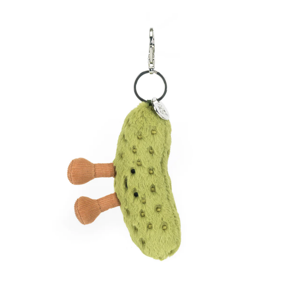 Green pickle-shaped keychain with a key ring on a white background