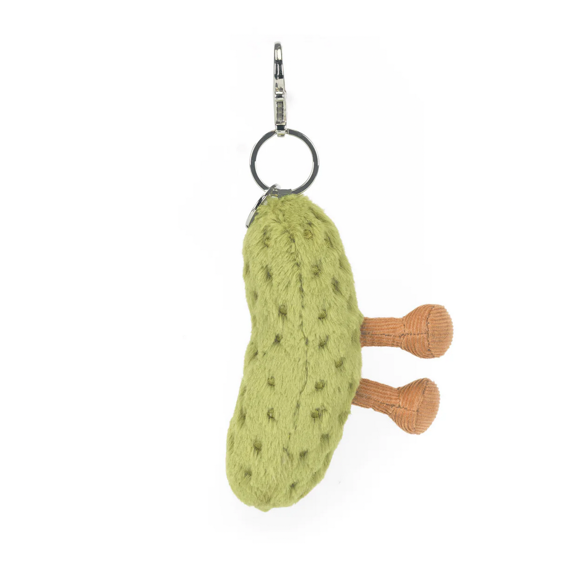 Green textured keychain with a small pickle  plush on a white background