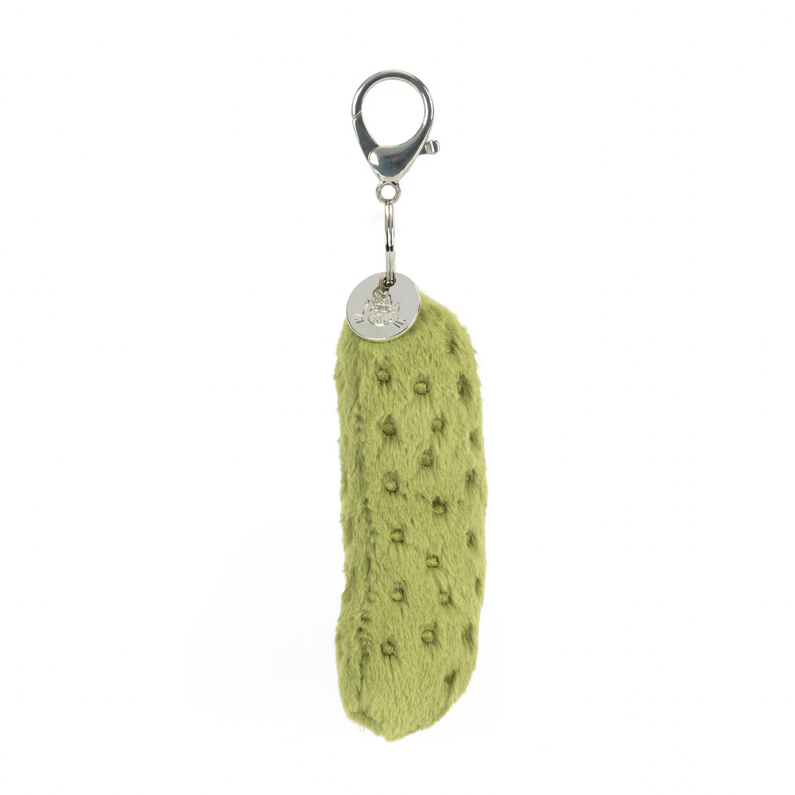 Keychain with textured green pickle  plush on a white background