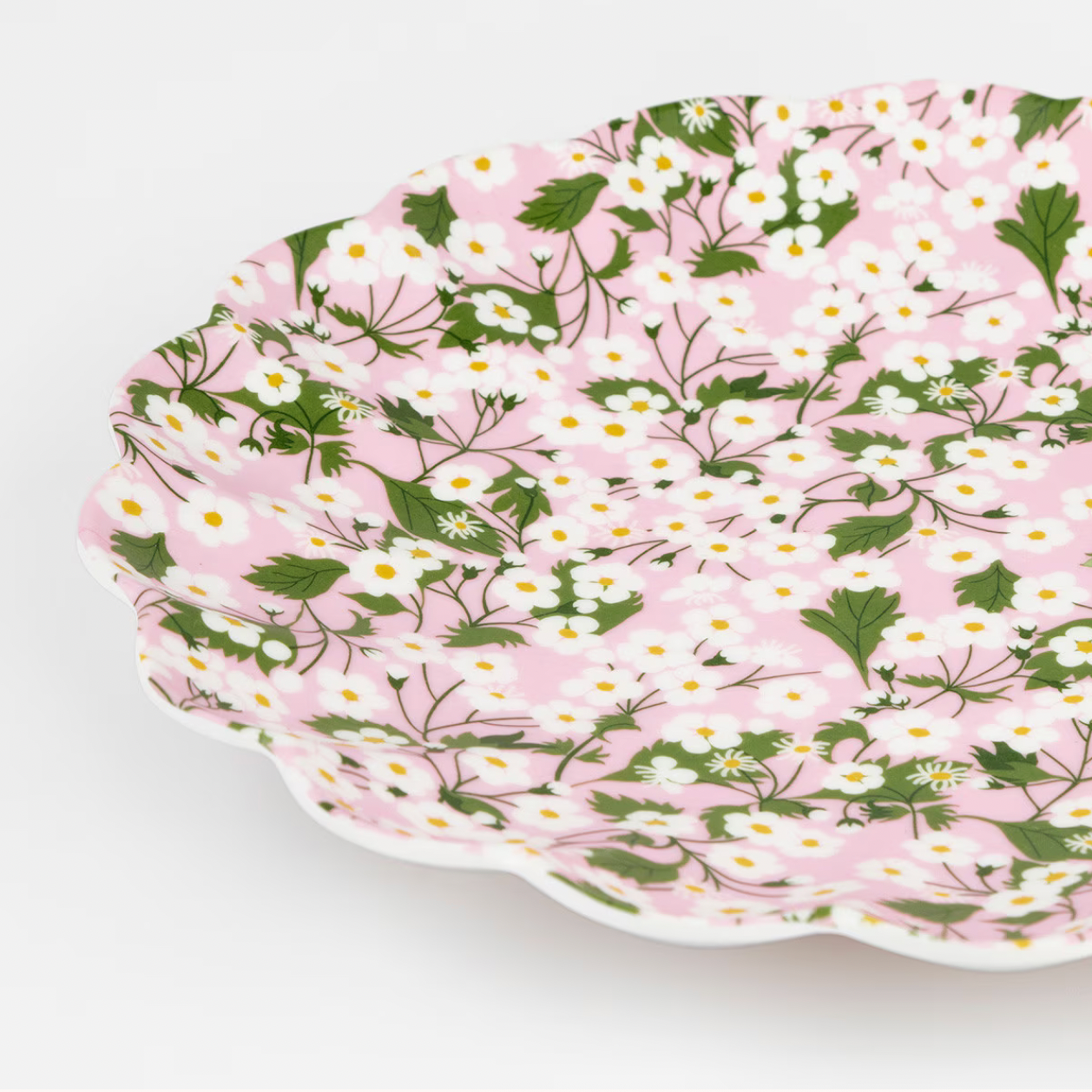Floral-patterned plate with pink background on a white surface
