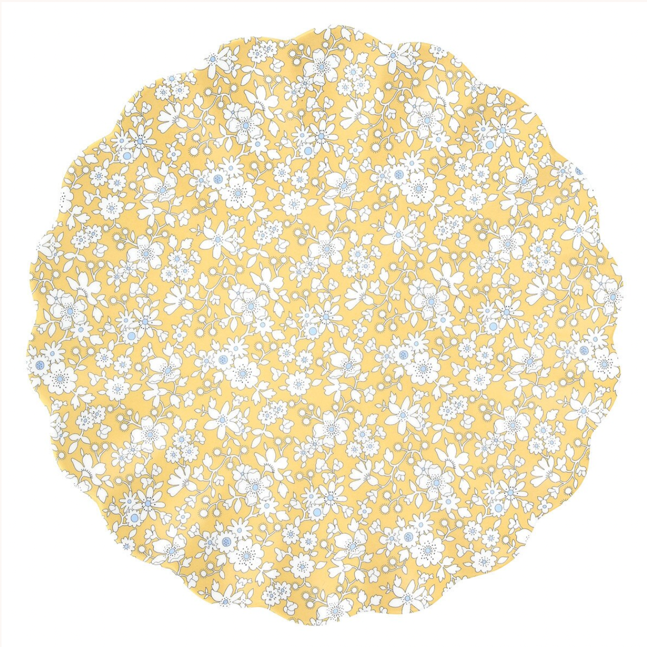 Round yellow plate with white floral pattern
