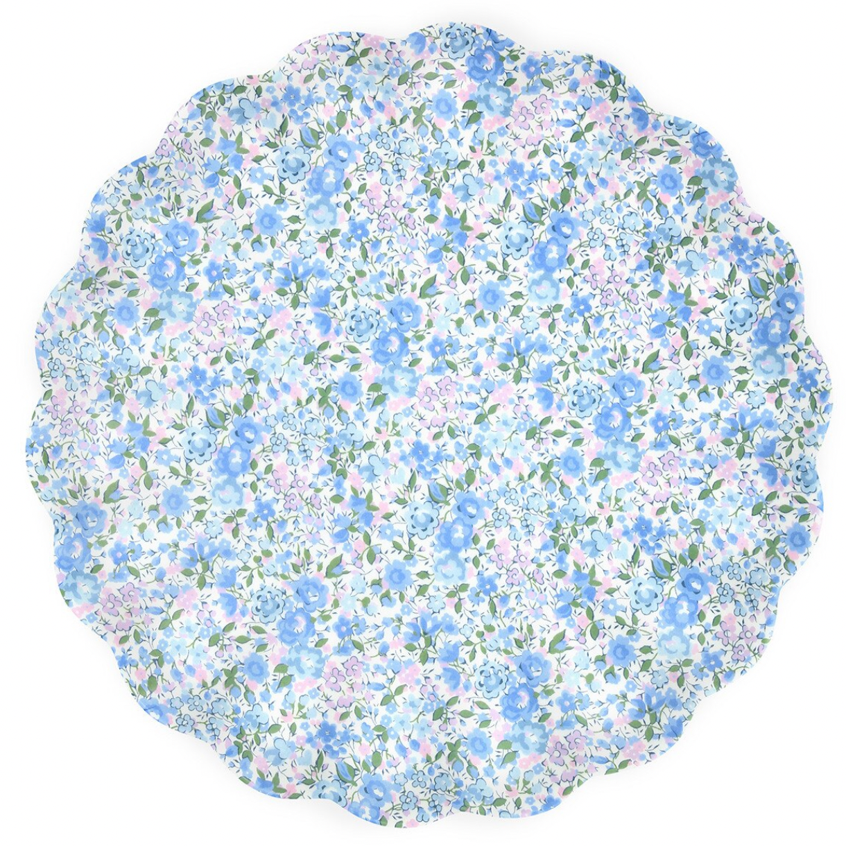 Floral patterned plate with blue flowers on a white background