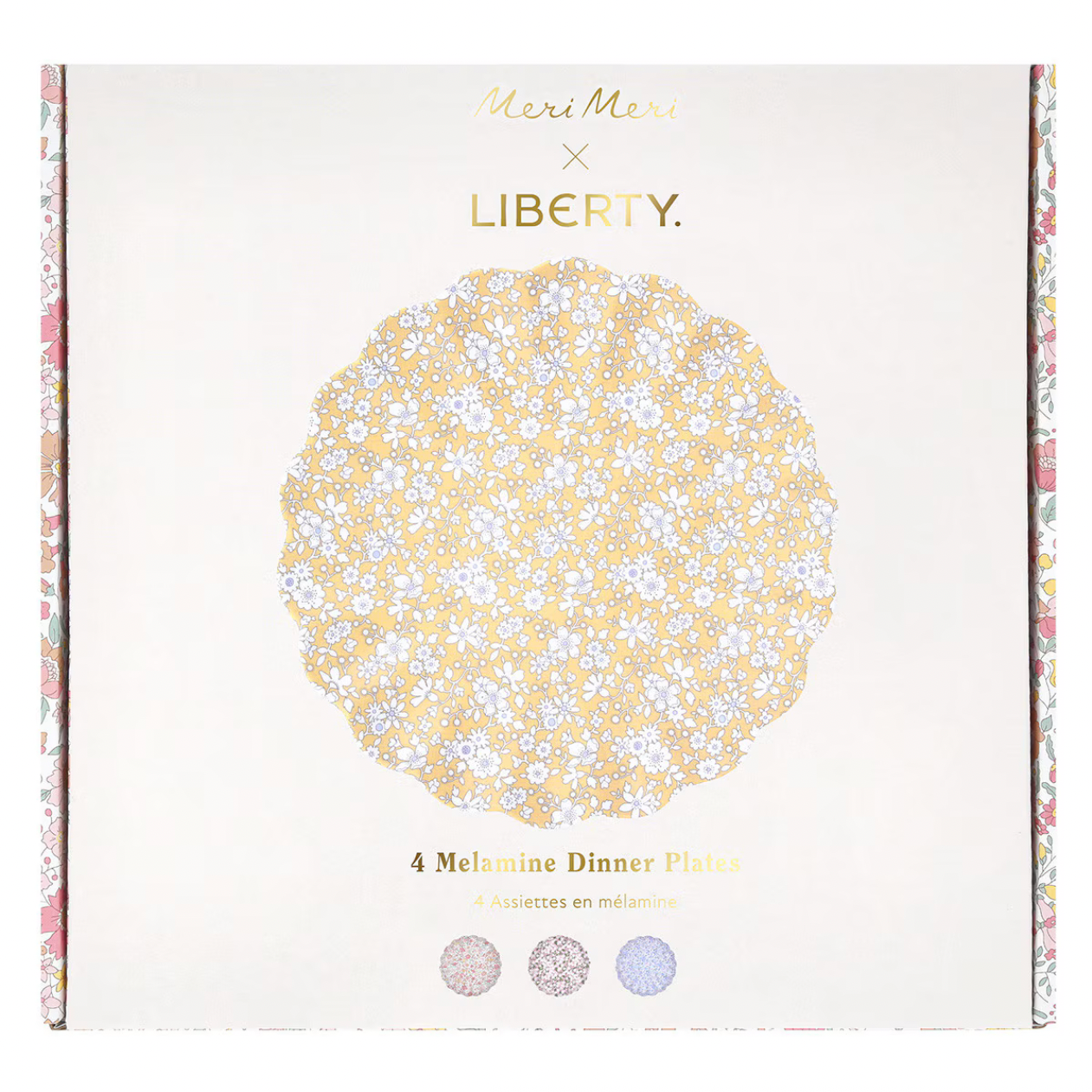 Packaging for Meri Meri x Liberty dinner plates with floral design and brand names.