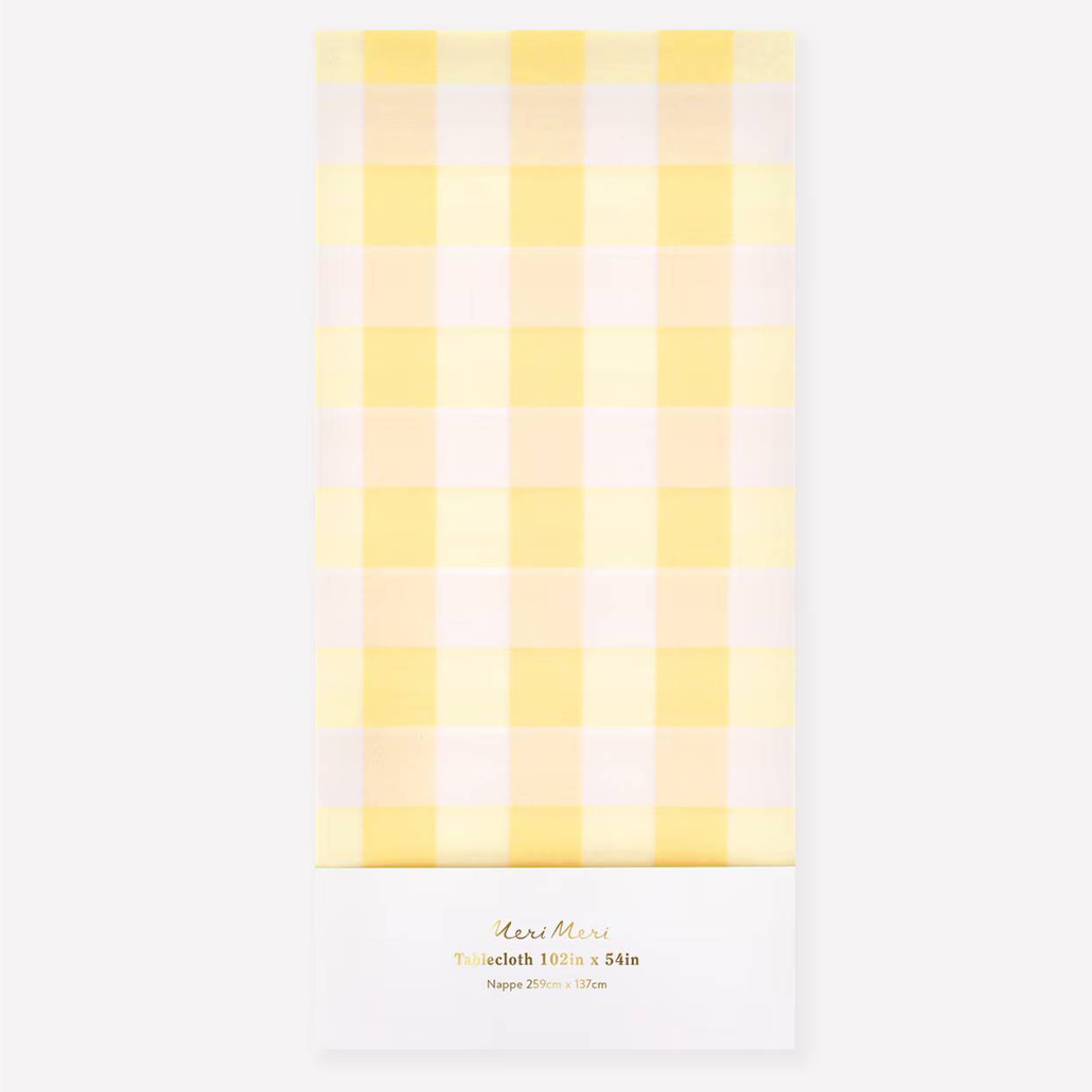 Yellow and white checkered towel with brand name on a white background