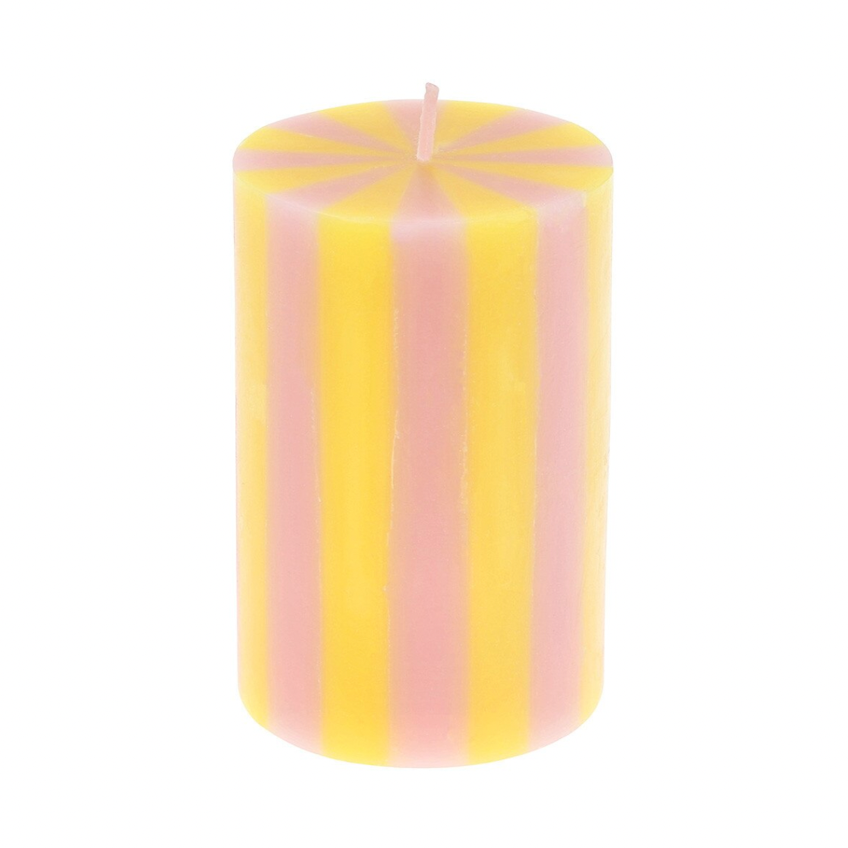 Striped pink and yellow candle on a white background