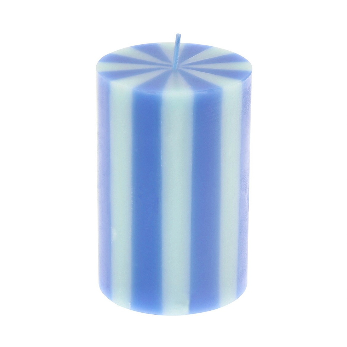 Striped blue and white candle on a white background
