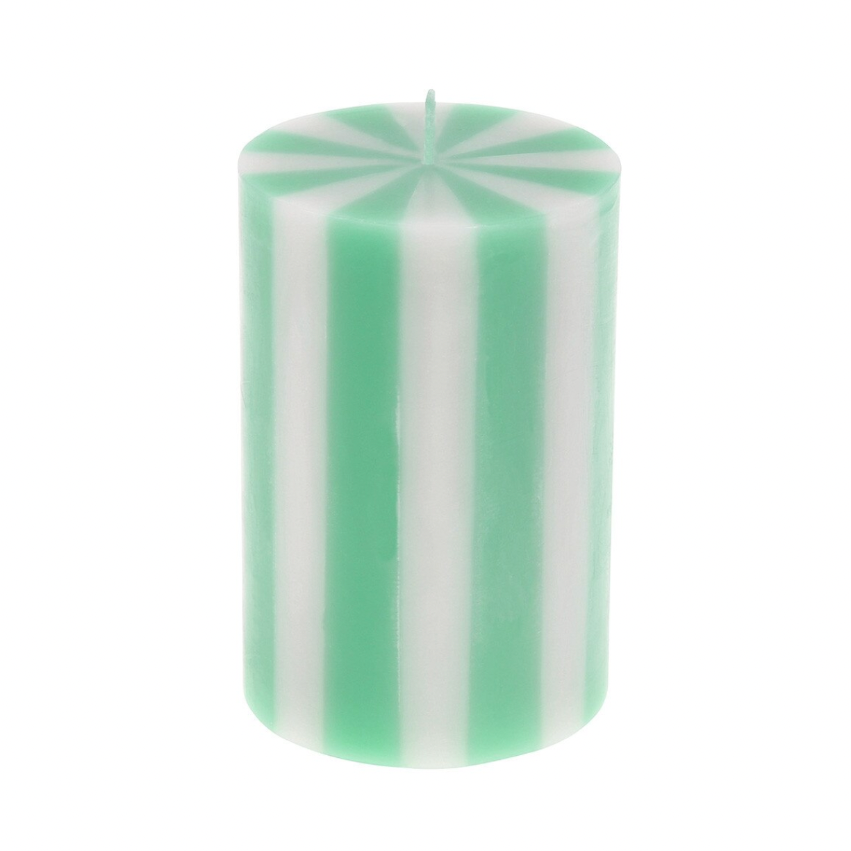 Green and white striped candle on a white background