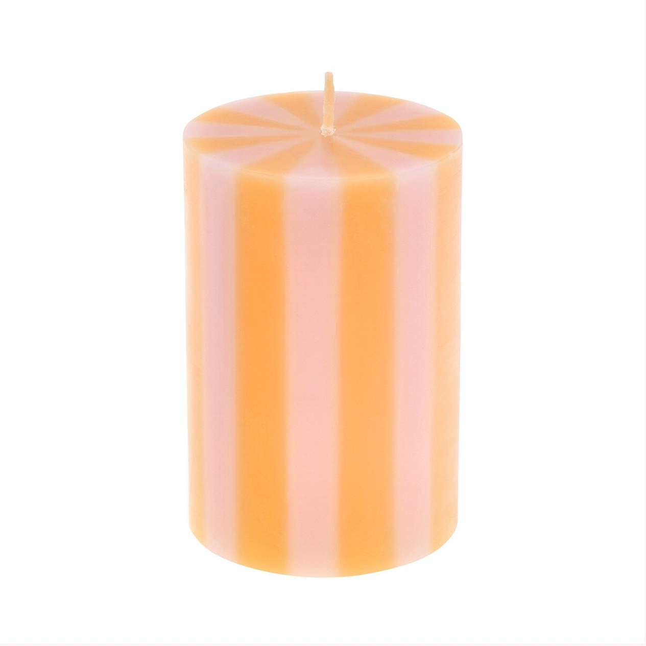 Striped pink and yellow candle on a white background
