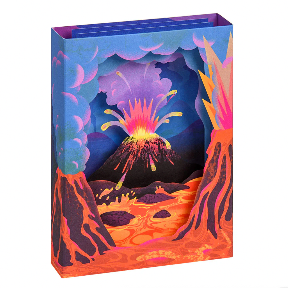 Colorful 3D volcano design on a product packaging