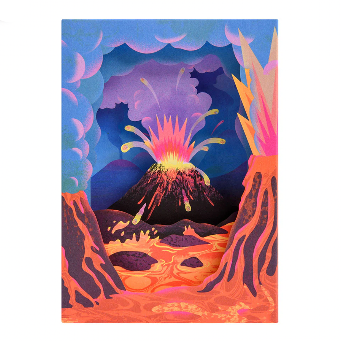 Colorful illustration of a volcanic eruption with lava flowing and smoke rising.