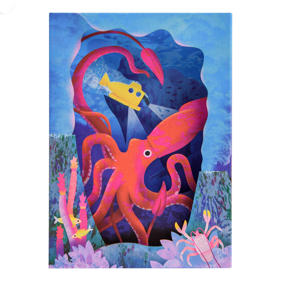 Colorful illustration of an octopus and underwater scene on a blue background