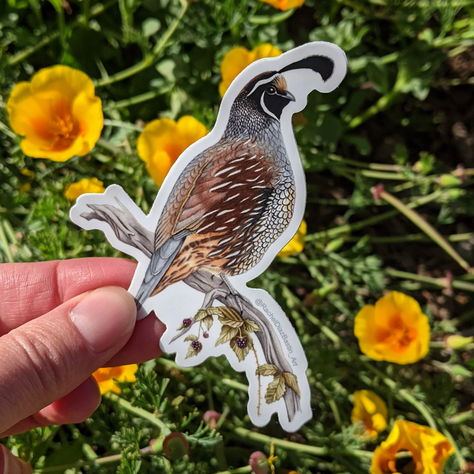 Hand holding a quail-shaped sticker with a natural background of greenery and yellow flowers.
