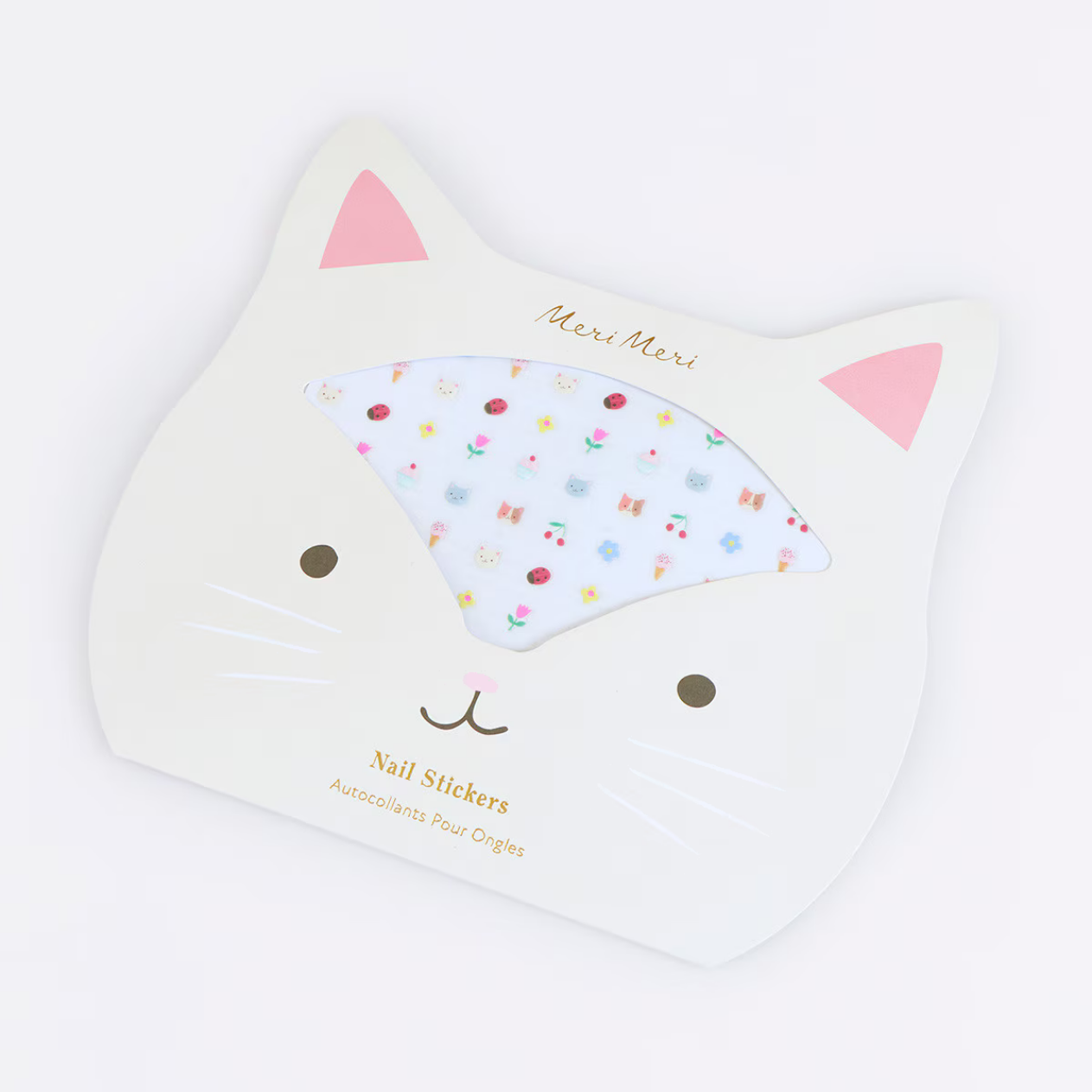 Cat-shaped nail sticker set with colorful design on a white background
