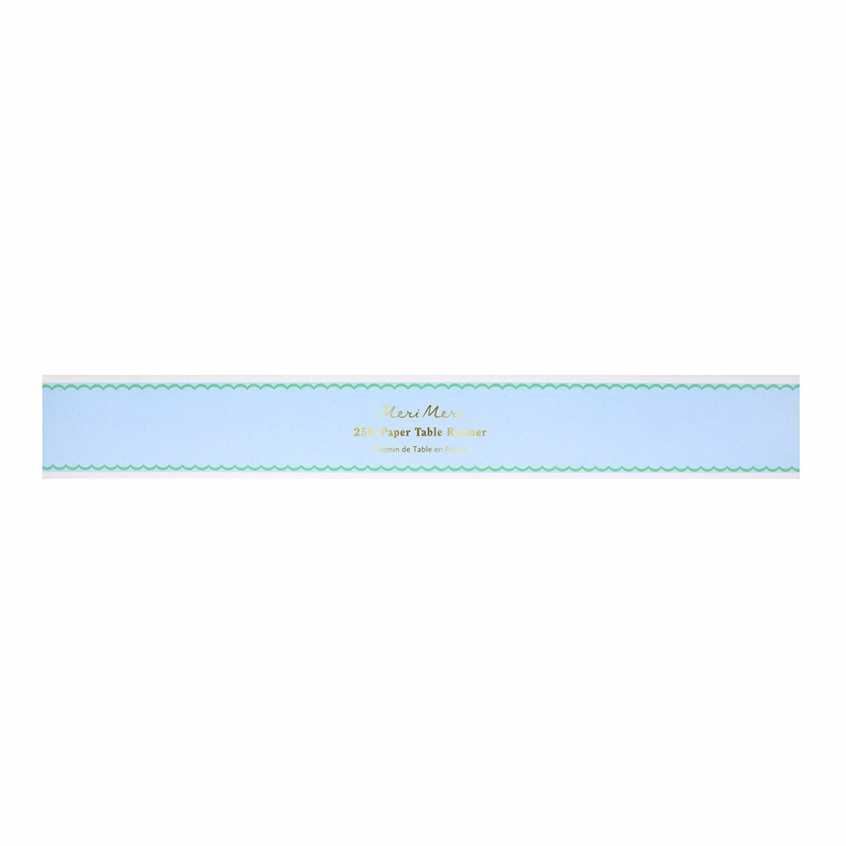 Blue paper table runner with text on a white background