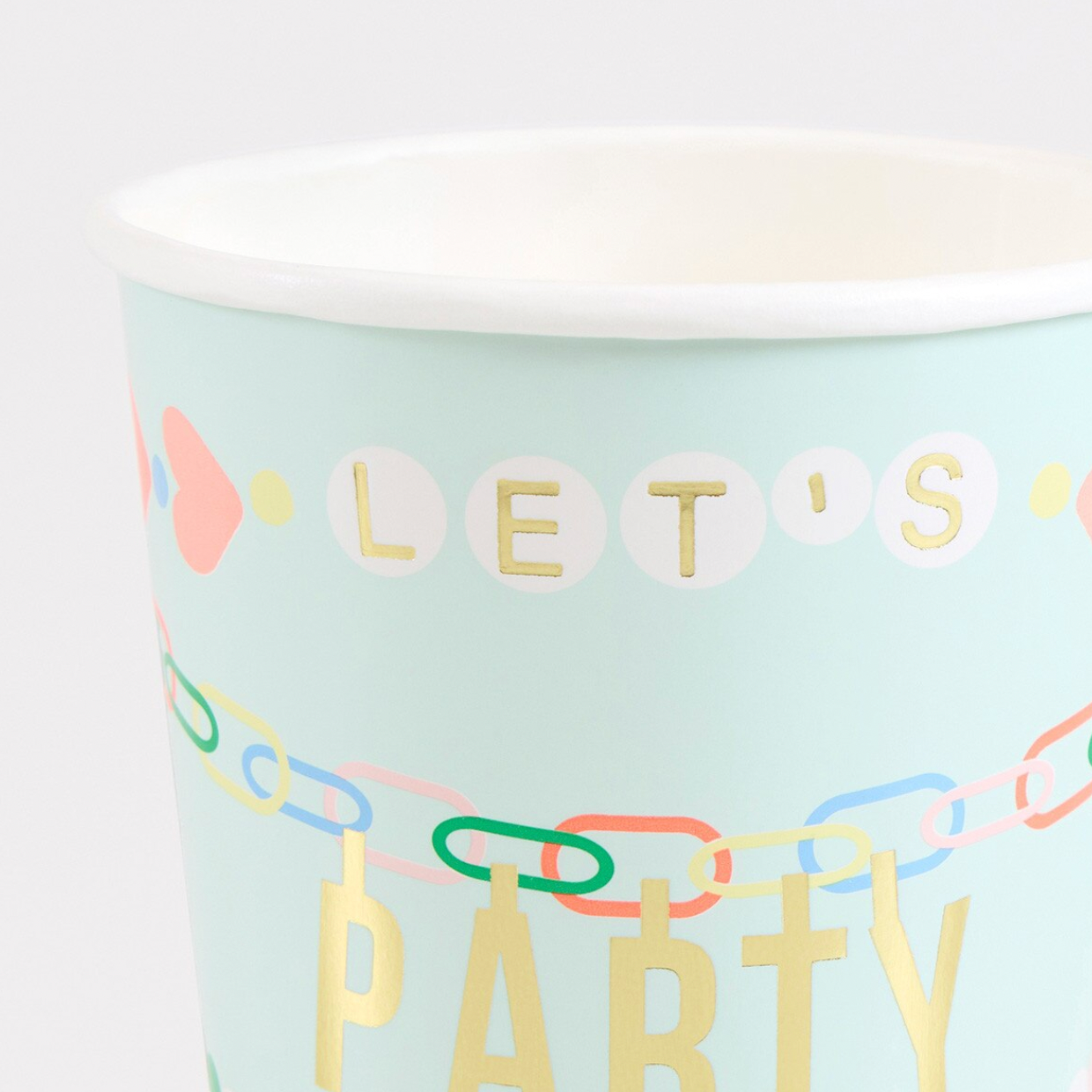 Party cup with 'Let's Party' text and colorful chain design on a light blue background