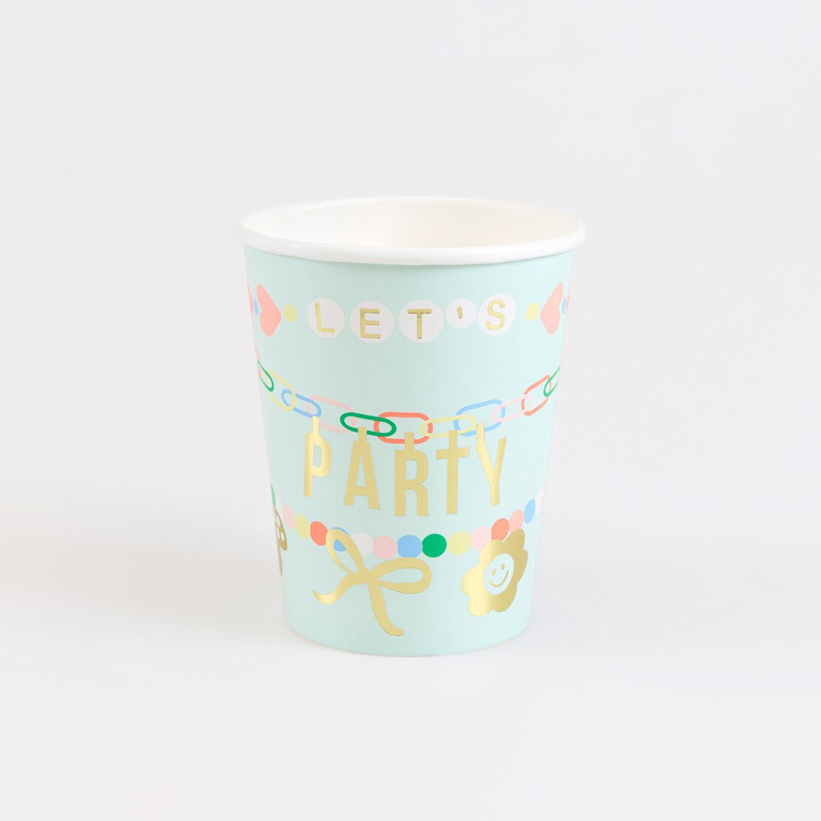 Party-themed paper cup with 'Let's Party' text on a white background