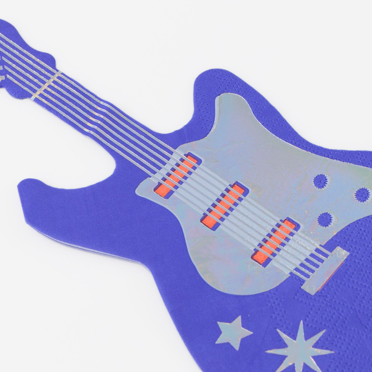 Blue guitar-shaped napkin with star designs on a white background