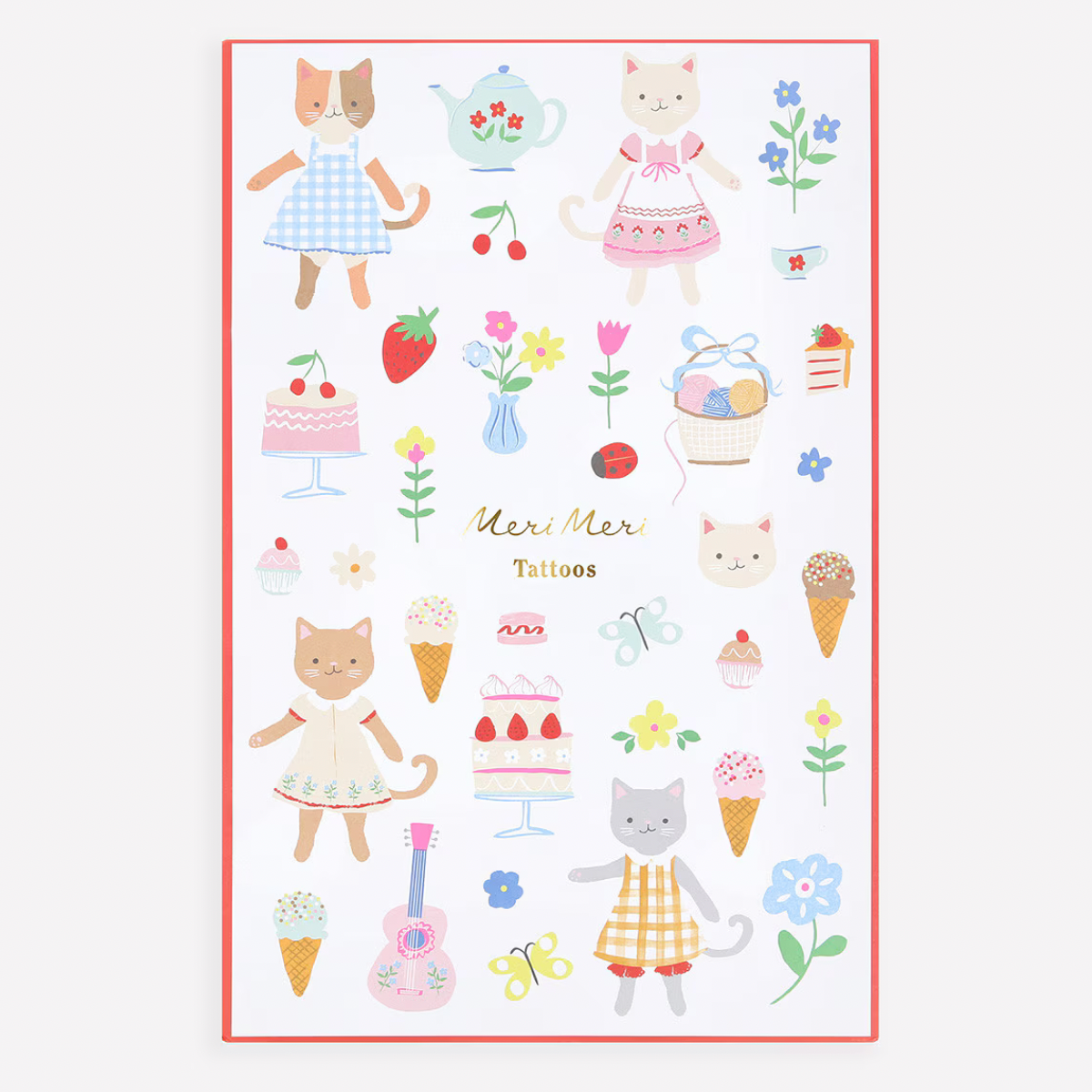 Sheet of cat-themed tattoos with various designs on a white background