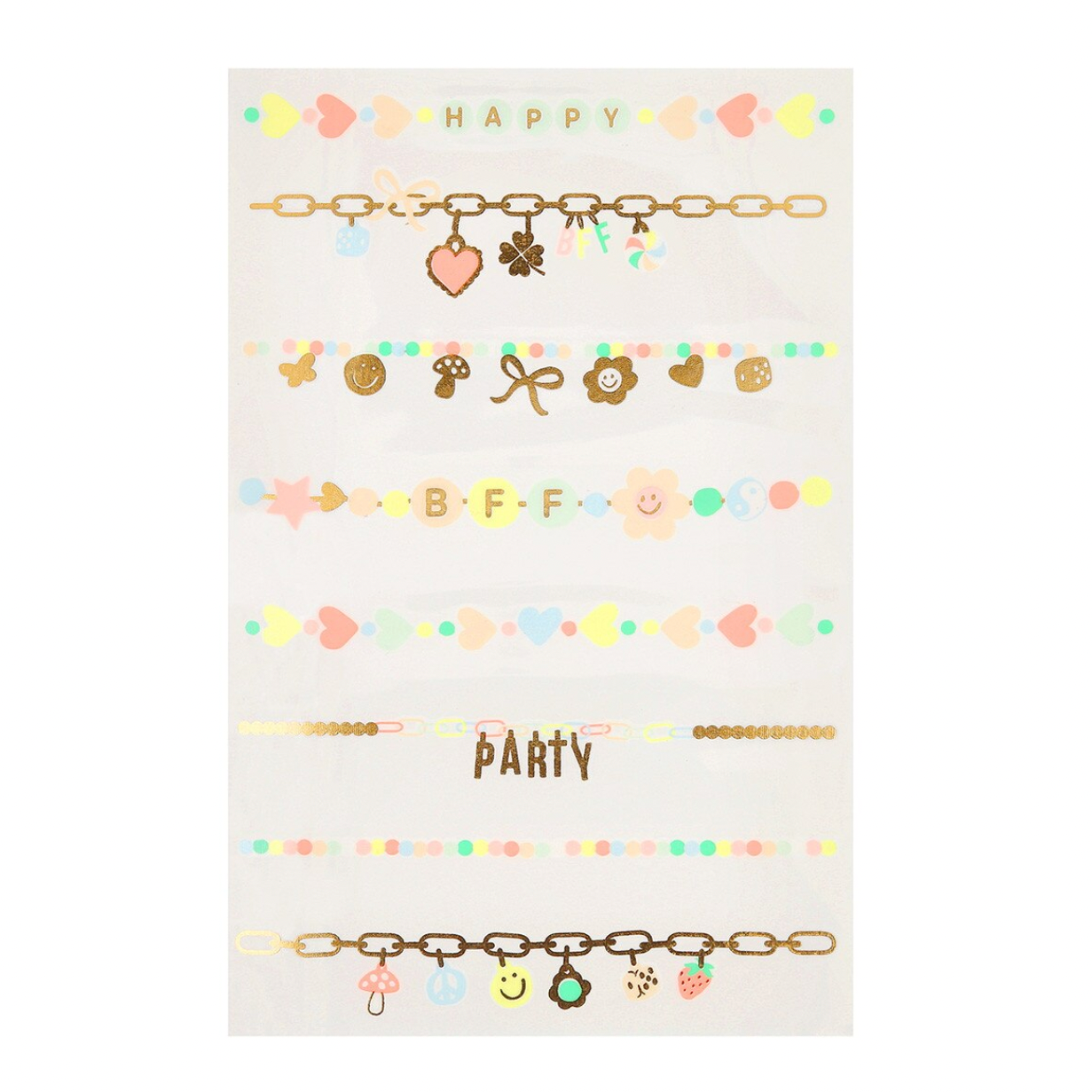 Sheet of decorative stickers with various designs and text on a white background