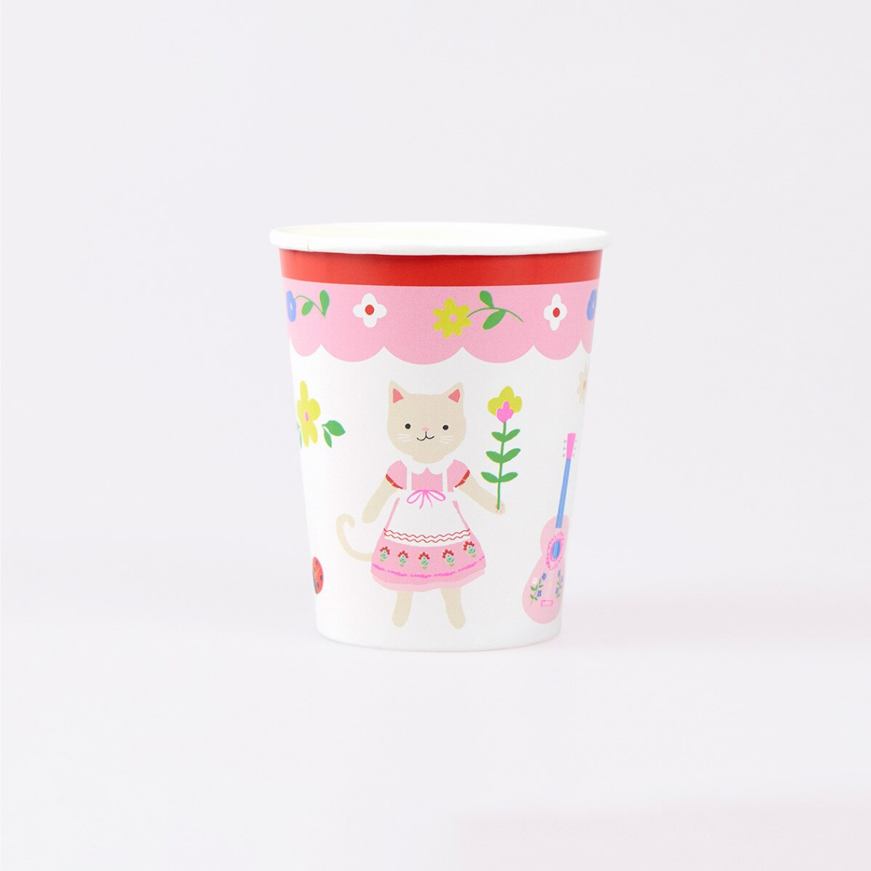 Children's party cup with a cat design on a white background