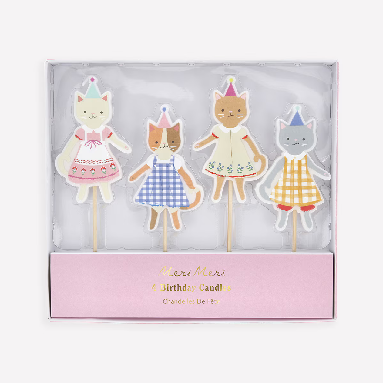 Set of cat-shaped birthday candles in a box with 'Meri Meri' branding.