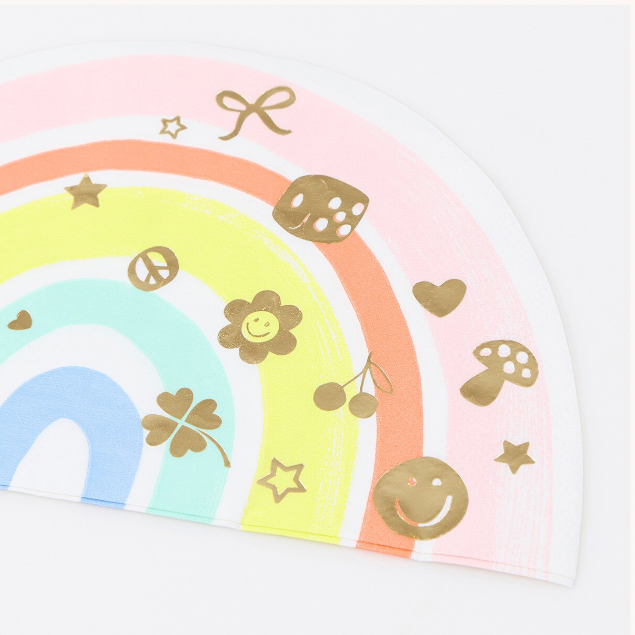 Children's pillowcase with rainbow and gold foil designs on a white background