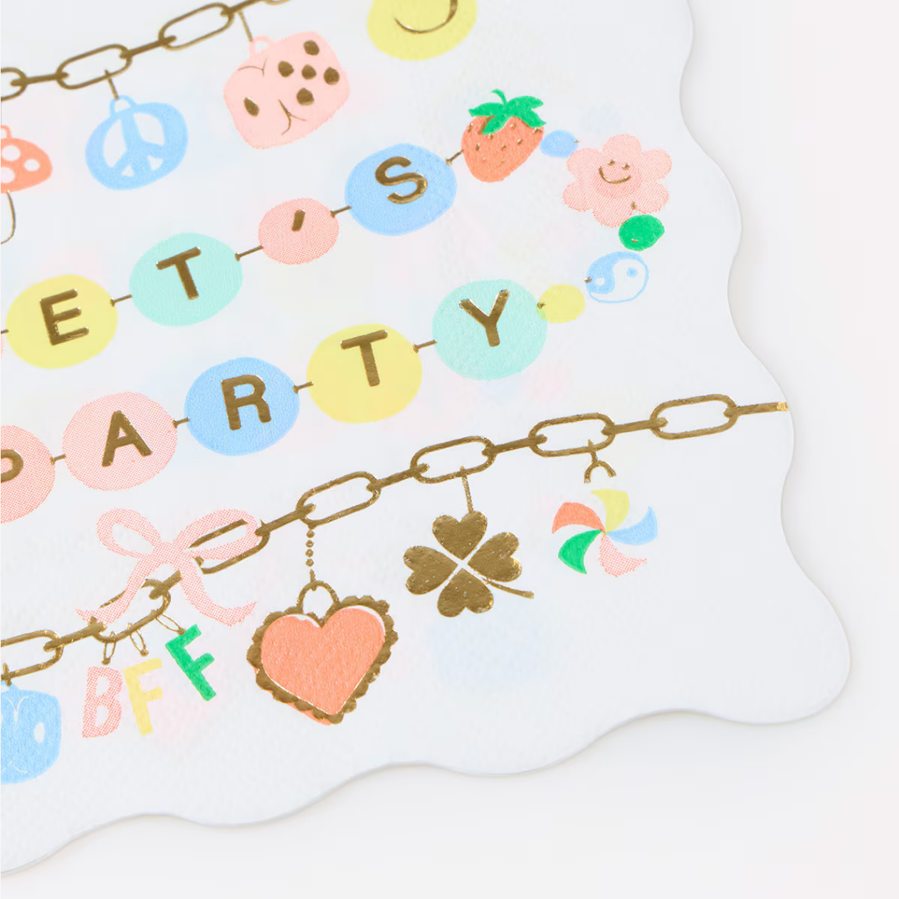 Decorative string with colorful letters and symbols on a white background