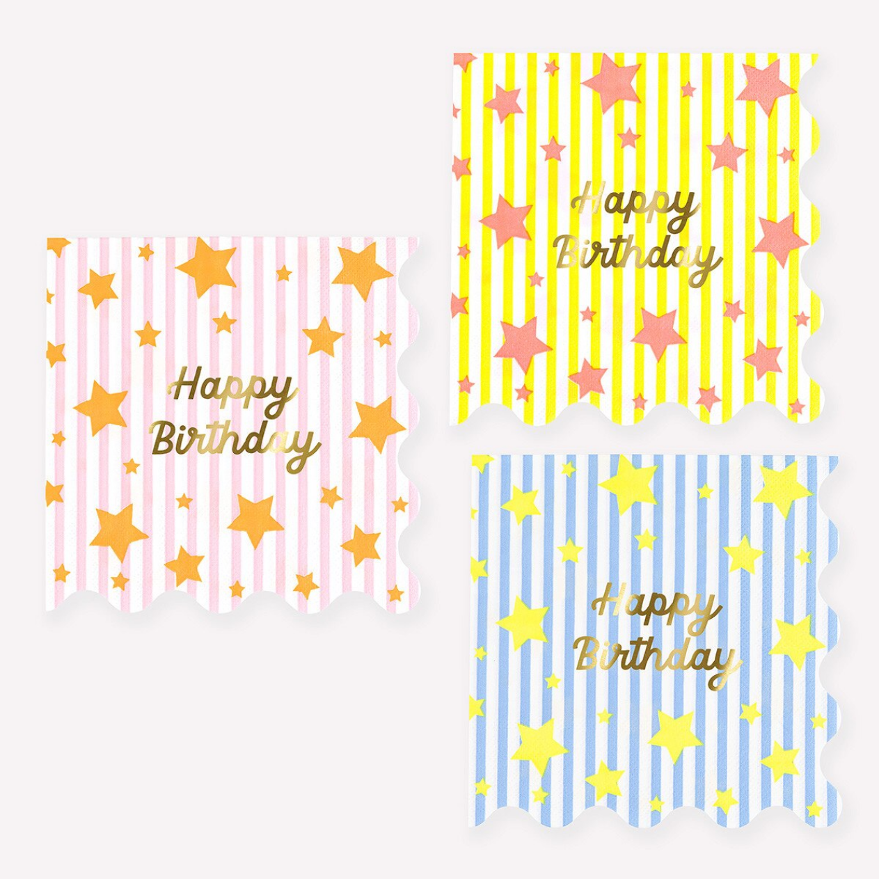 Three 'Happy Birthday' napkins with star and stripe patterns on a white background.