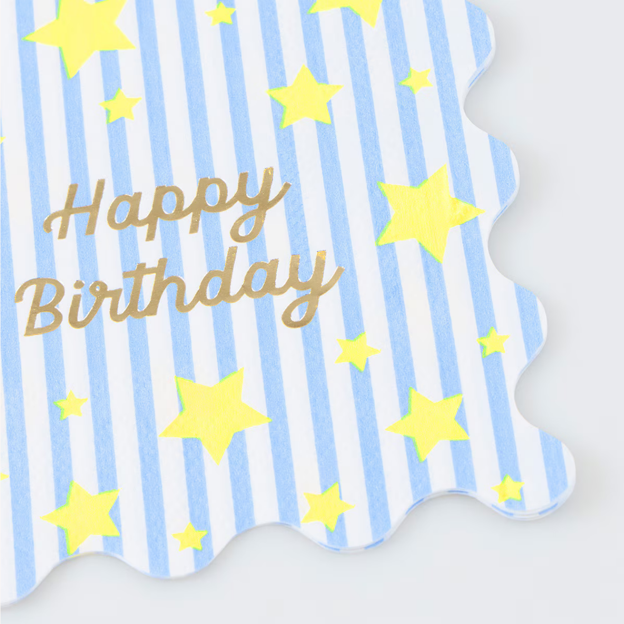 Happy Birthday card with blue stripes and yellow stars on a white background