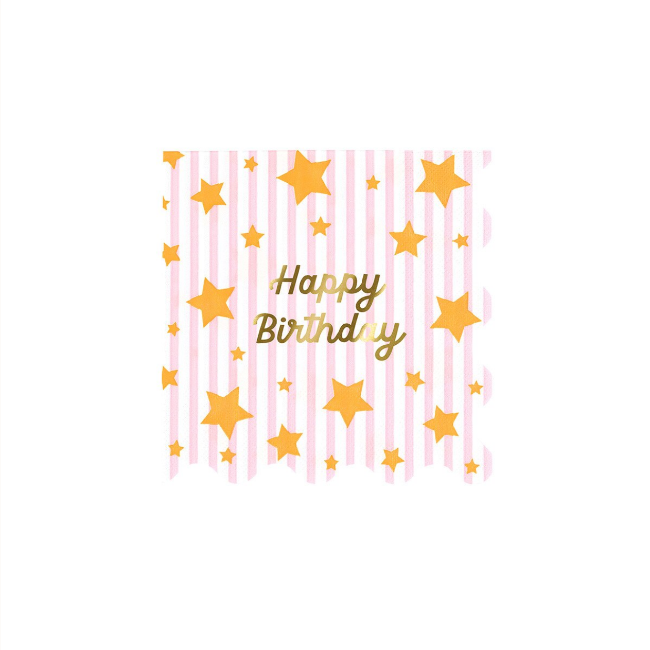 Happy Birthday card with gold stars on a pink striped background