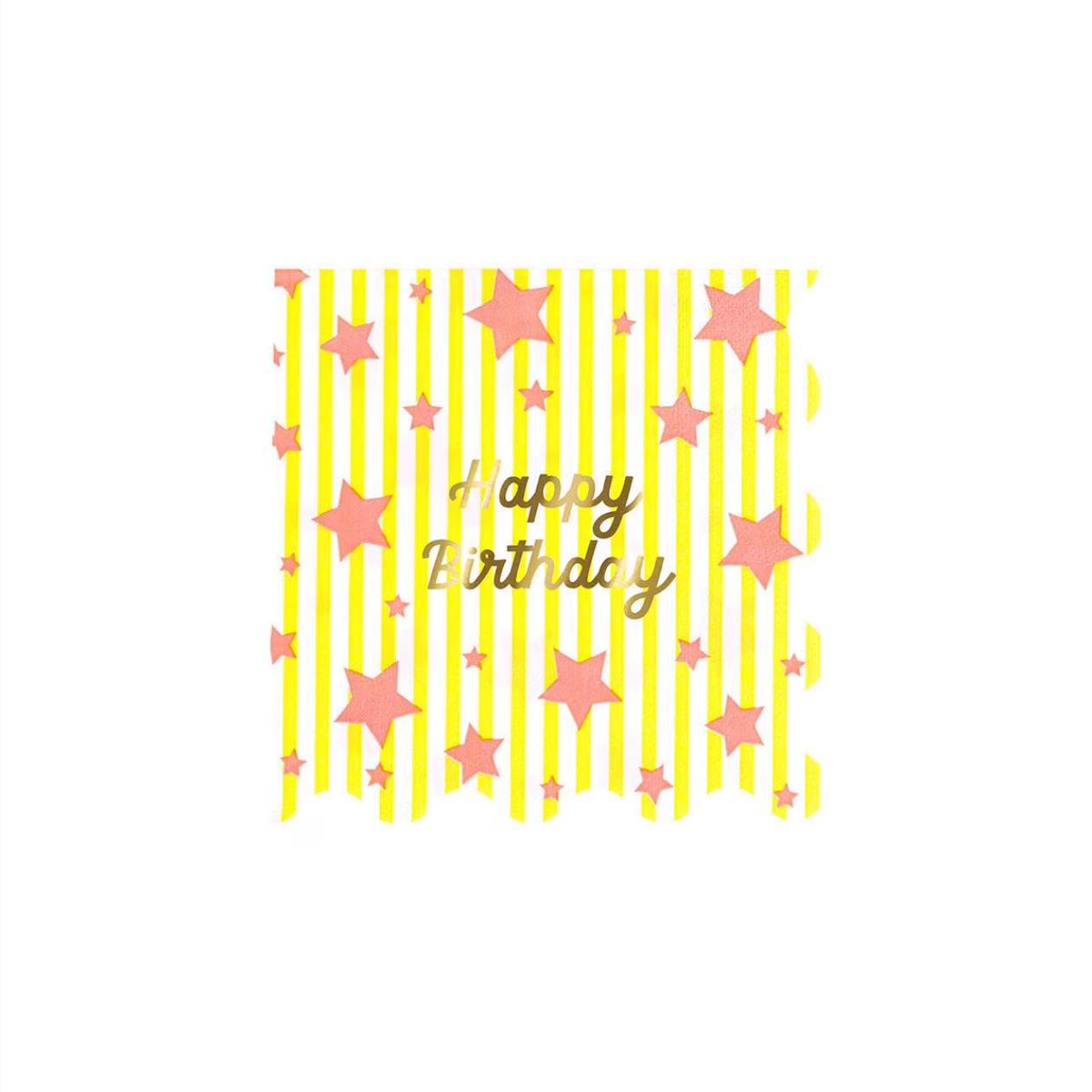 Happy Birthday card with yellow stripes and pink stars on a white background