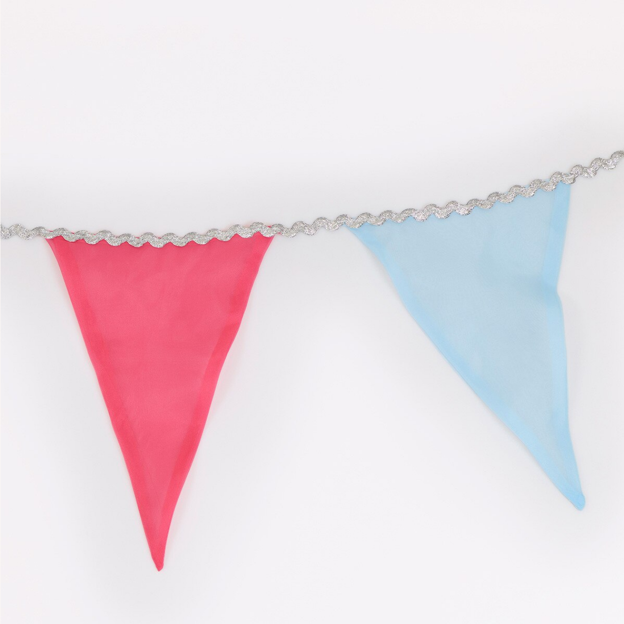 Triangular flags in pink and blue on a white background